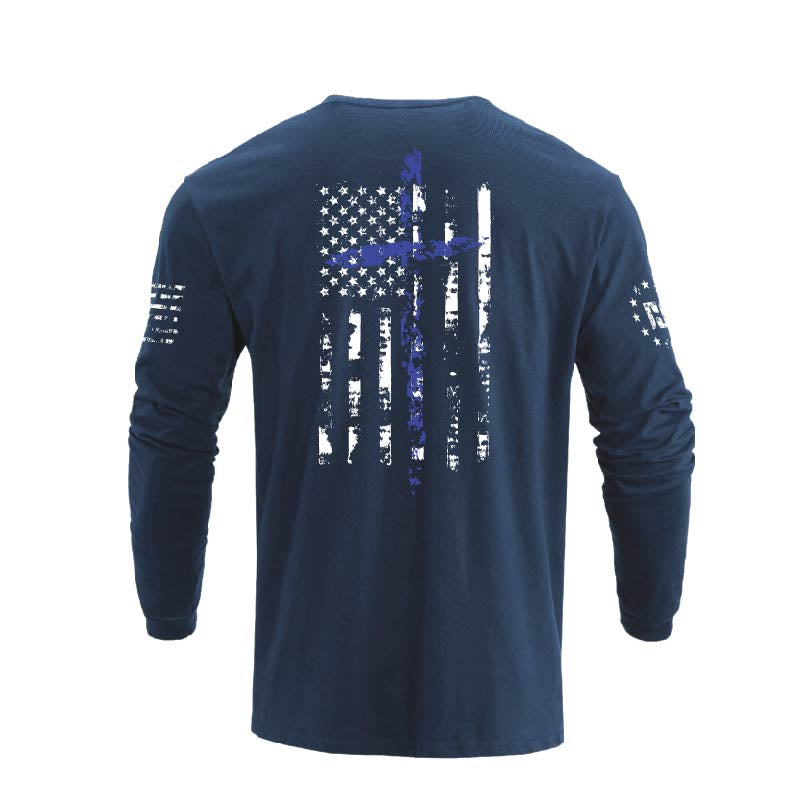 Men's 100% Cotton American Flag Cross Overlay Long Sleeve T-Shirt