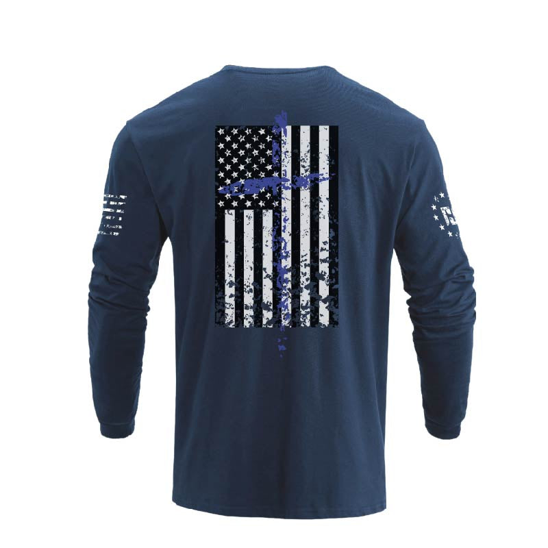 Men's 100% Cotton Patriotic American Flag Cross Graphic Midweight Long Sleeve T-shirts