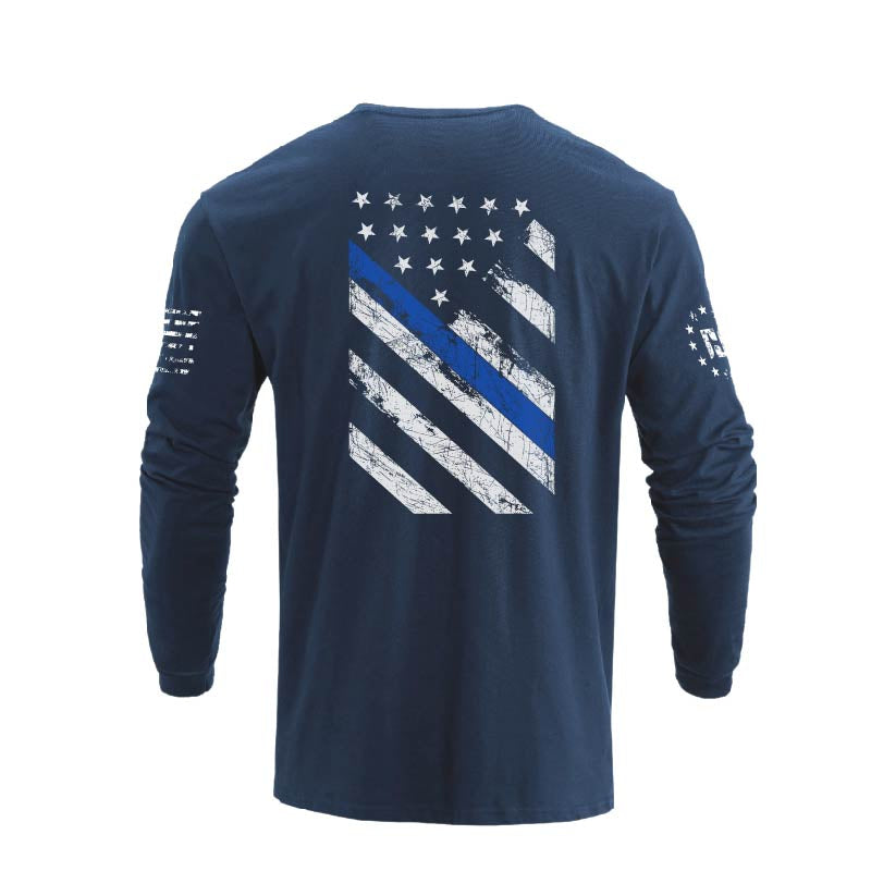 Men's 100% Cotton Blue Line American Flag Graphic Round Neck Long Sleeve T-Shirts