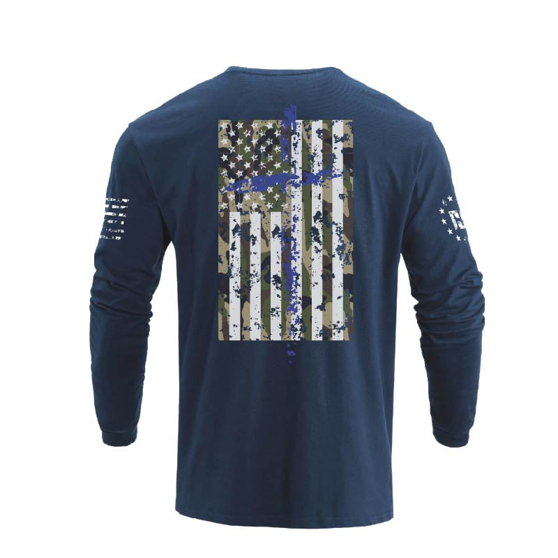 Men's 100% Cotton Patriotic American Flag Camouflage Cross Graphic Midweight Long Sleeve T-shirts