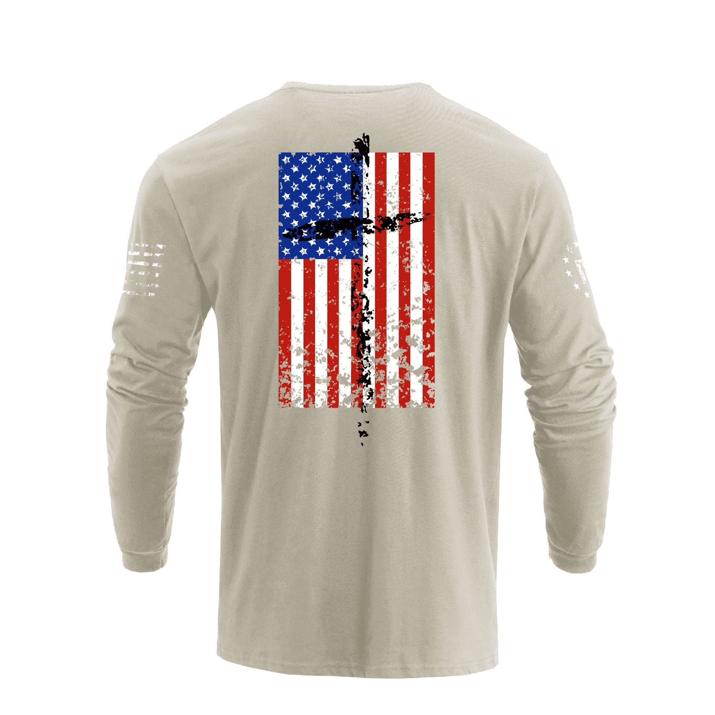 Men's 100% Cotton Patriotic American Flag Cross Graphic Midweight Long Sleeve T-shirts