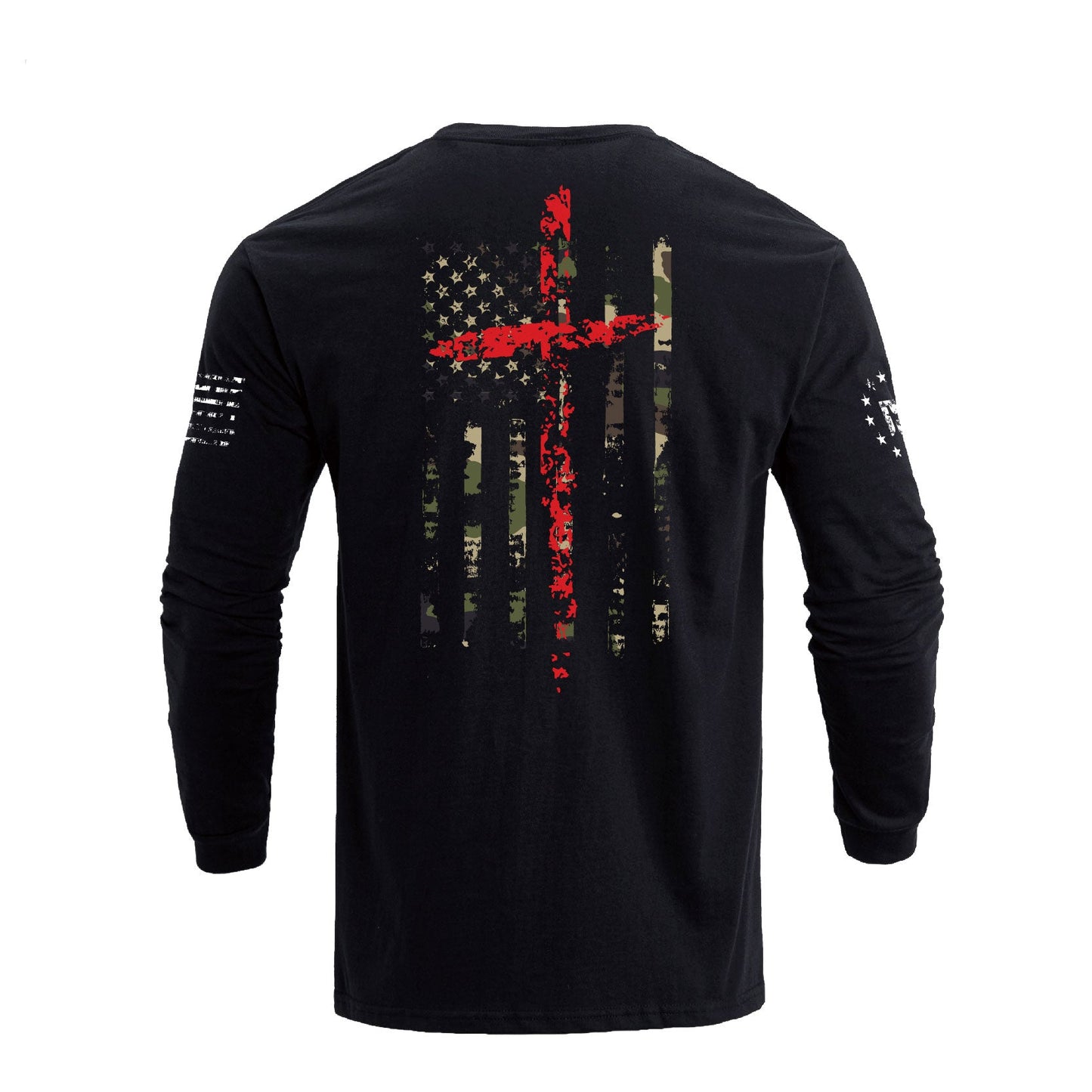 Men's 100% Cotton Patriotic American Flag Camouflage Cross Graphic Midweight Long Sleeve T-shirts