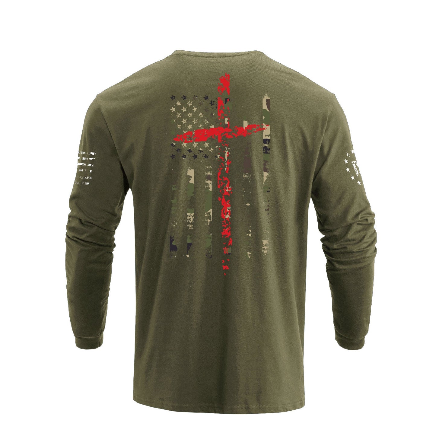 Men's 100% Cotton Patriotic American Flag Camouflage Cross Graphic Midweight Long Sleeve T-shirts