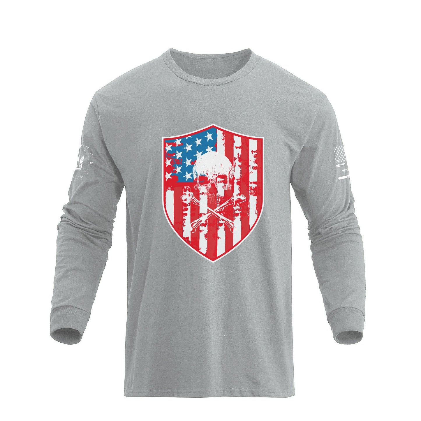 Men's American Flag Shield with Skull Long Sleeve Graphic T-Shirt