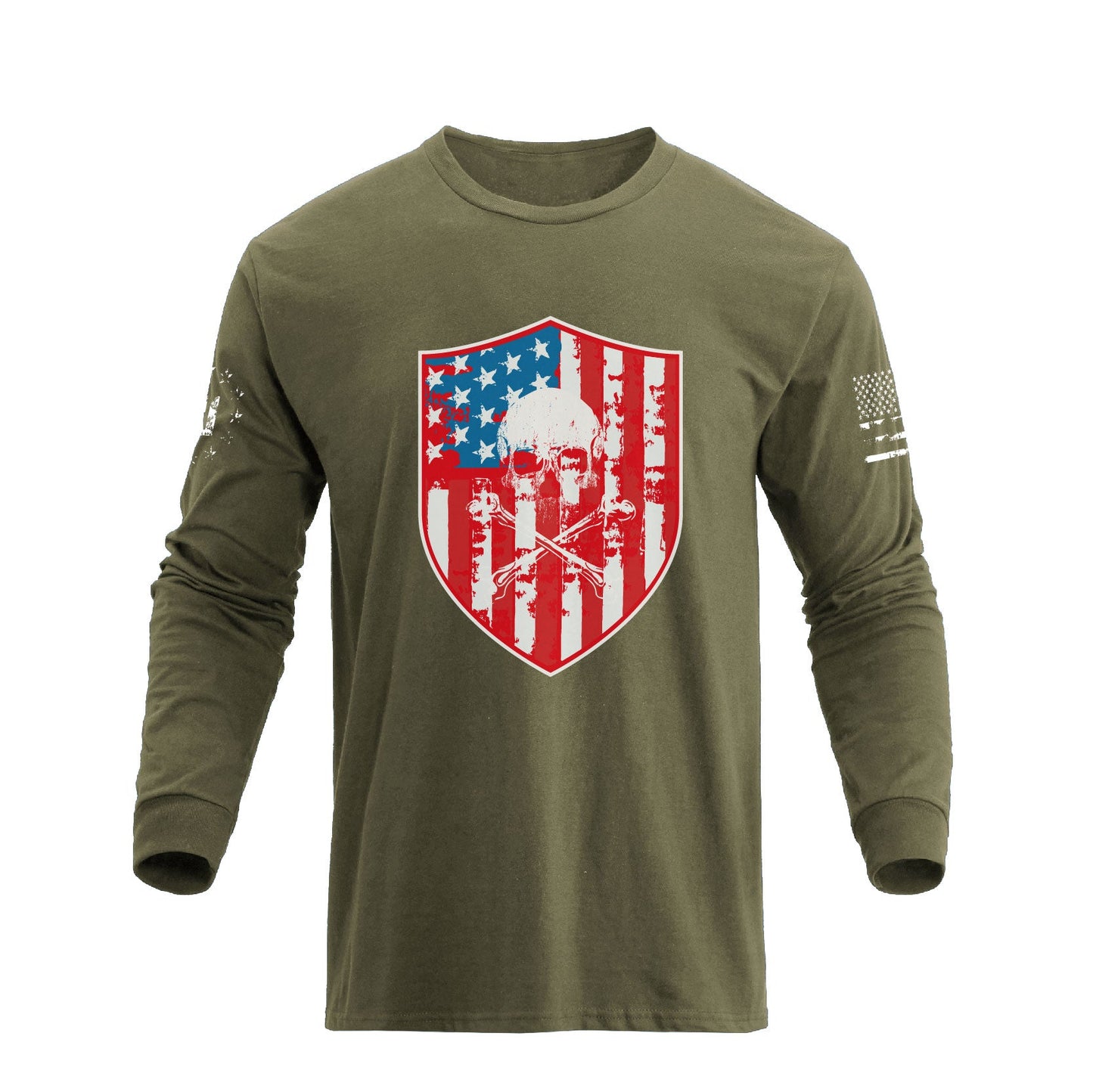 Men's American Flag Shield with Skull Long Sleeve Graphic T-Shirt