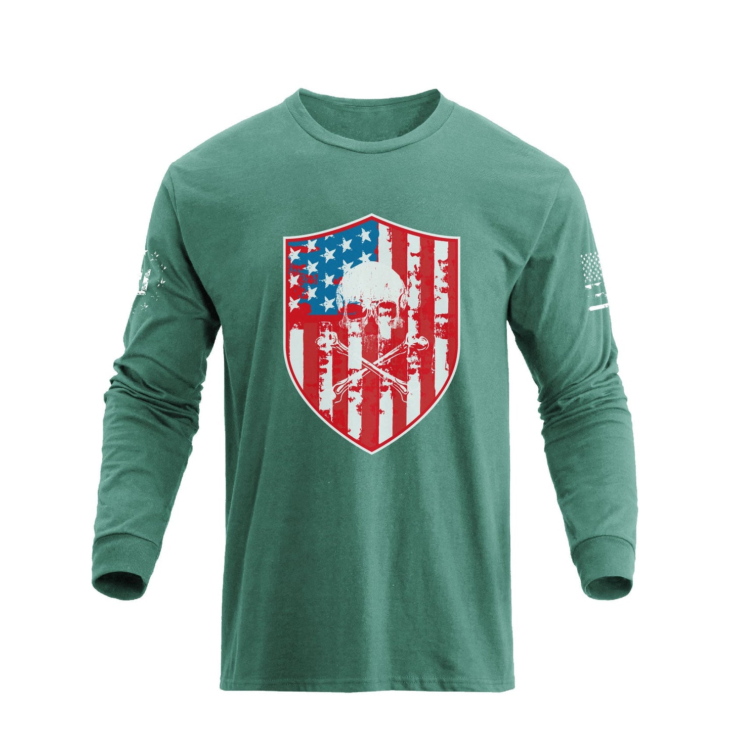 Men's American Flag Shield with Skull Long Sleeve Graphic T-Shirt