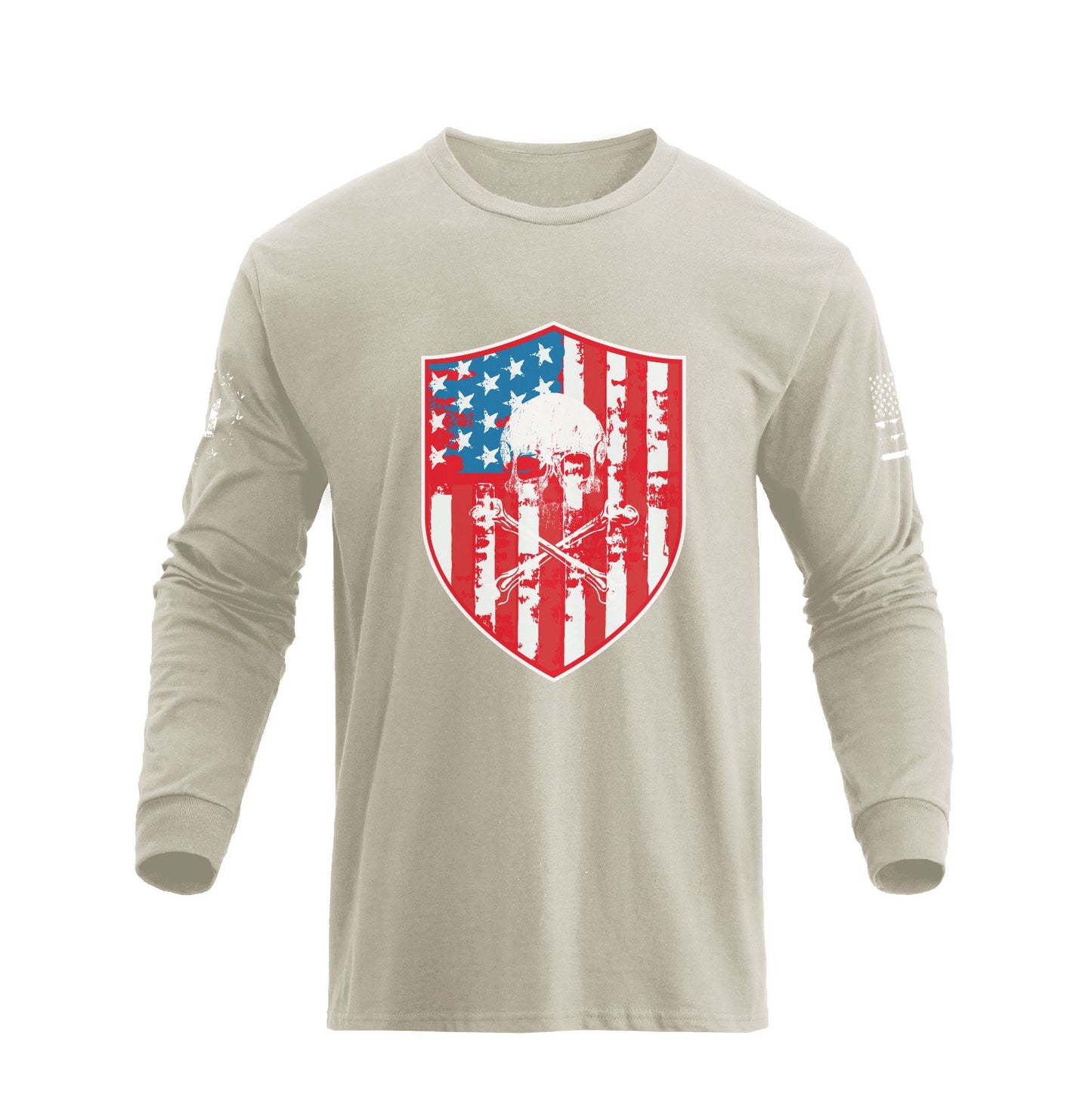 Men's American Flag Shield with Skull Long Sleeve Graphic T-Shirt