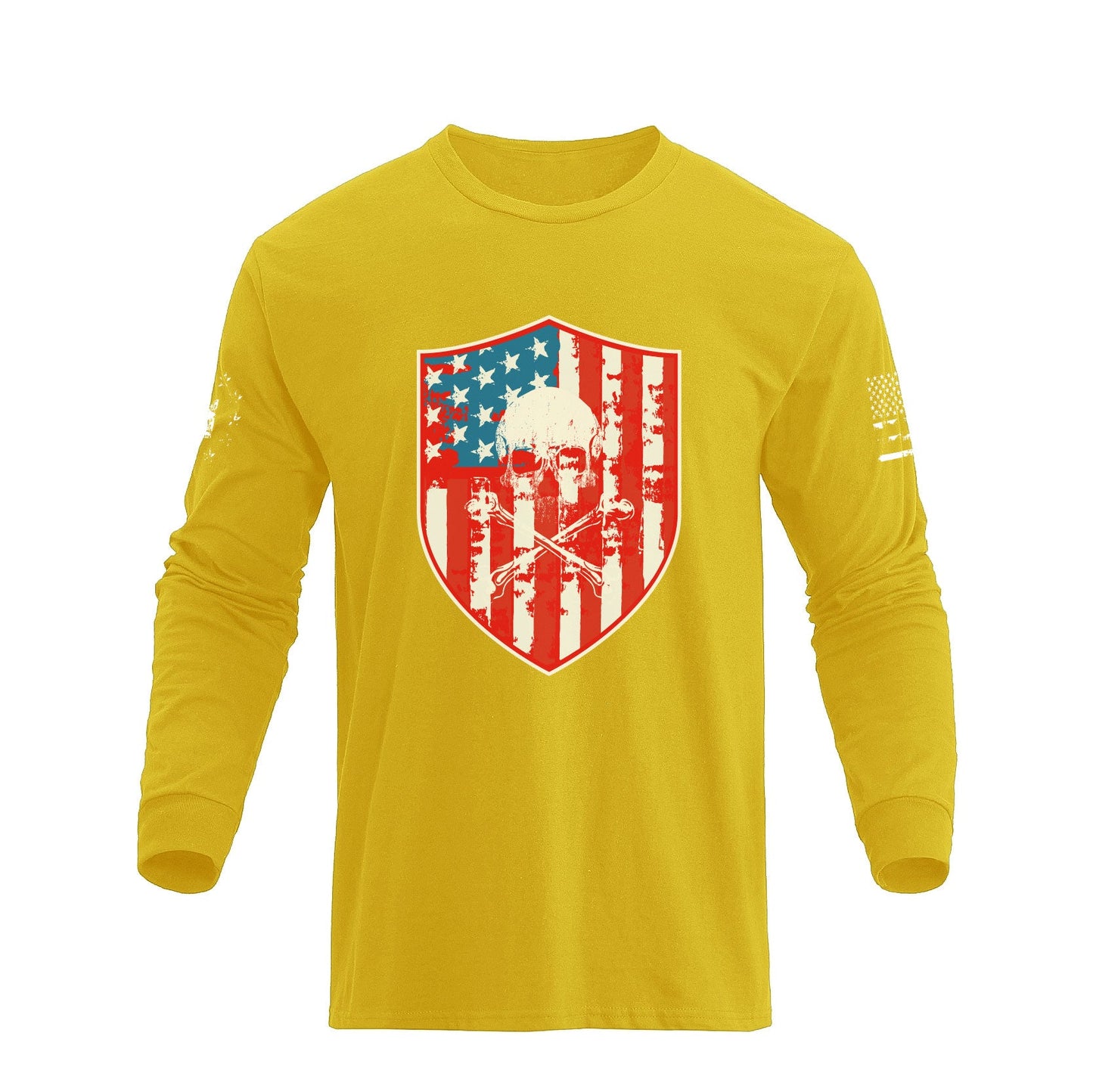 Men's American Flag Shield with Skull Long Sleeve Graphic T-Shirt