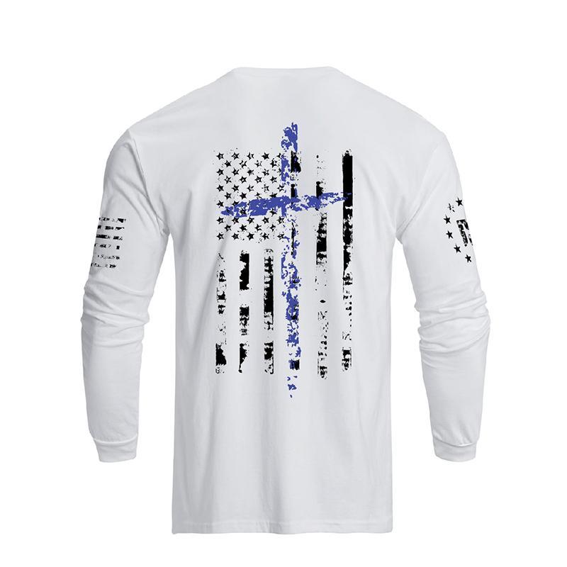 Men's 100% Cotton American Flag Cross Overlay Long Sleeve T-Shirts