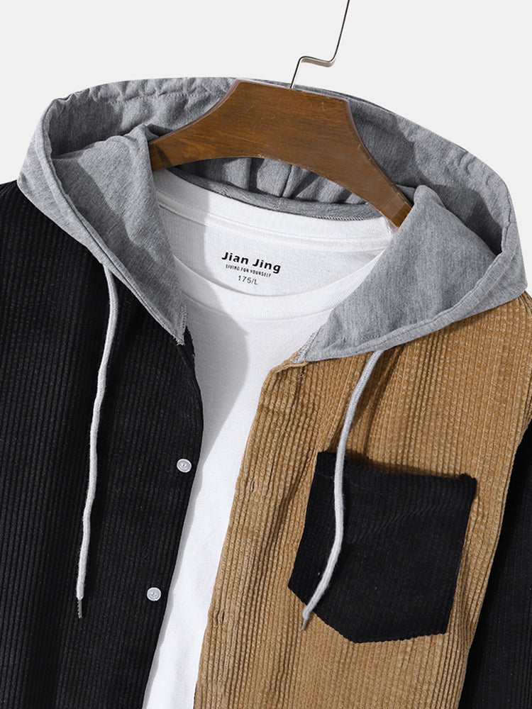 Mens Corduroy Colorblock Stitching Button Up Casual Drawstring Hooded Shirts