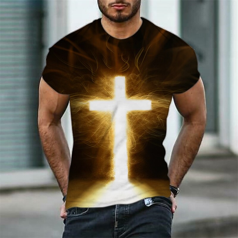 Men's T shirt 3D Print Graphic Cross Crew Neck Daily Sports Print Shor Black S