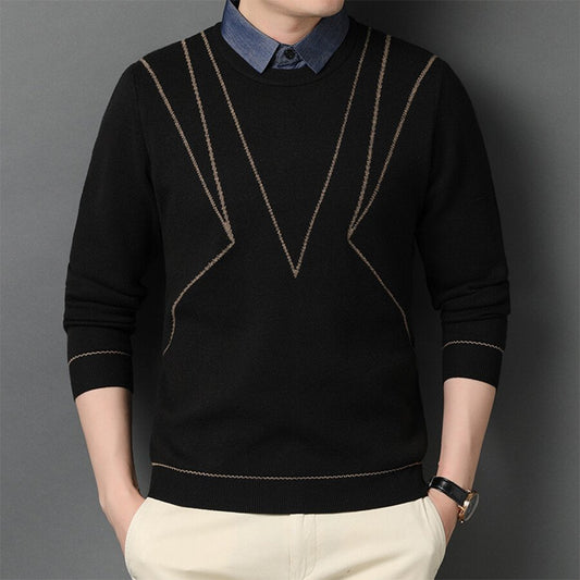 Men&#039;s Casual Knit Sweater Fake Two-Piece Top Black M