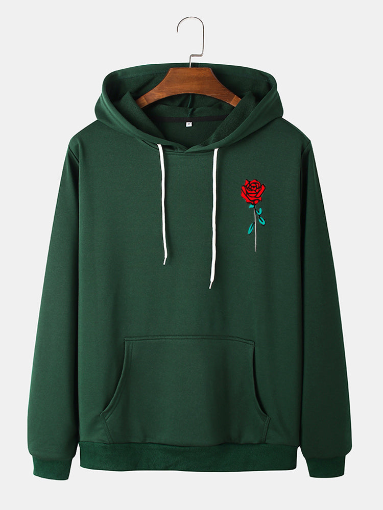 Mens Rose Print Kangaroo Pocket Cotton Casual Drawstring Overhead Hoodies