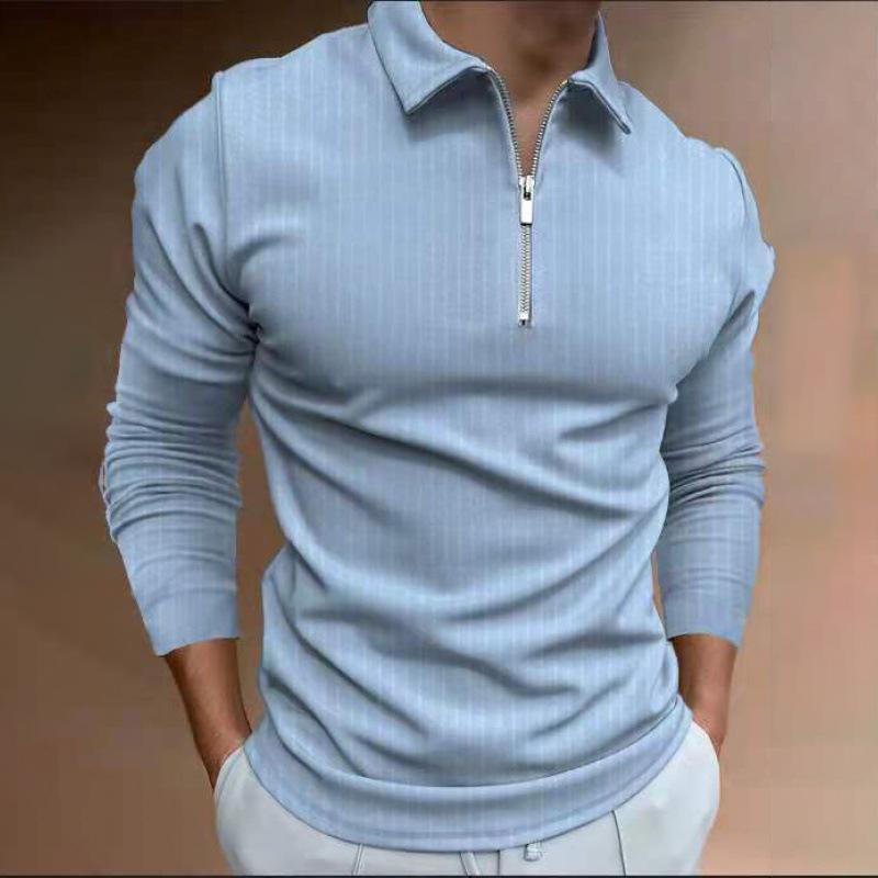 Mens Zip Striped Long Sleeve POLO Shirt