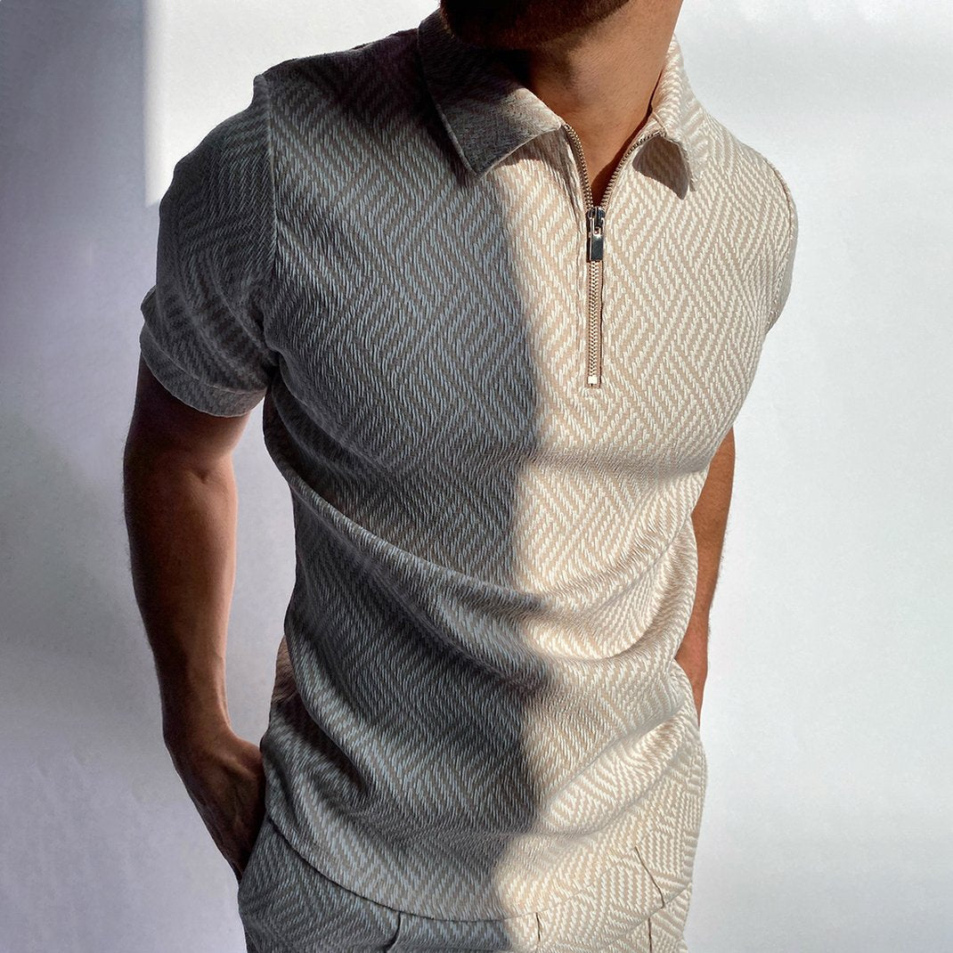 Herringbone Jacquard Zip-up Polo Shirt