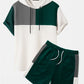 Mens Waffle Knit Color Block Patchwork Loose Short Sleeve Hooded Two Pieces Outfits SKUI05044