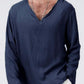 Linen ethnic style loose men's V-neck solid color long-sleeved t-shirt