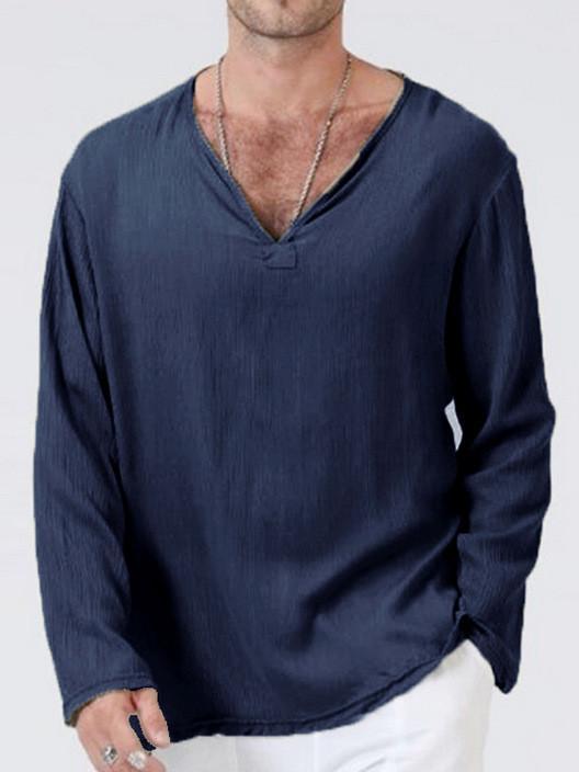 Linen ethnic style loose men's V-neck solid color long-sleeved t-shirt