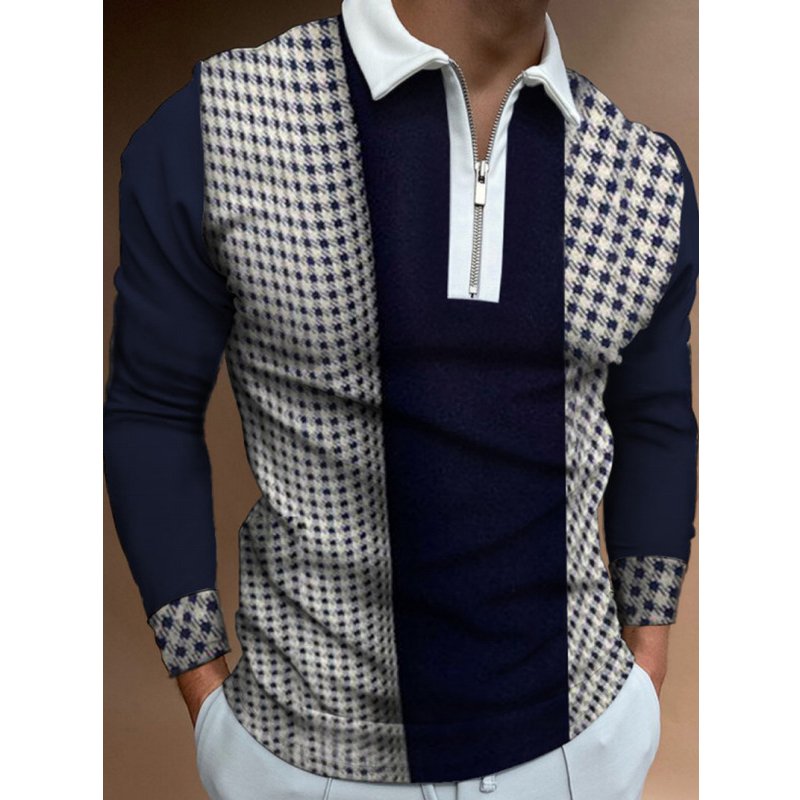 Men's casual colorblock long-sleeved polo shirt