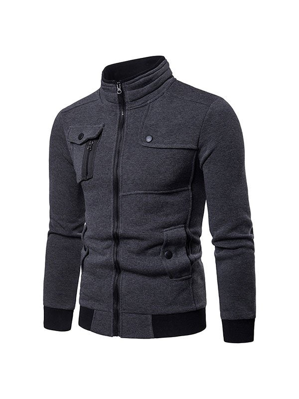 Men's Casual Stand-Collar Multi-Pocket Zipper Cardigan Top