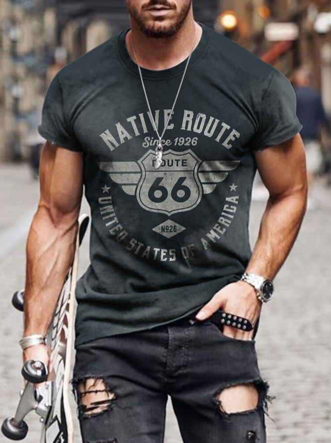 Men's Route 66 Cultural Graphic Print Round Neck Short Sleeve Tee Black XL