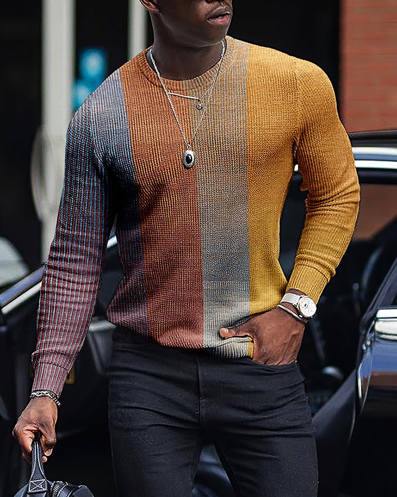 LONG SLEEVE FASHION CONTRAST COLOR ROUND NECK MEN'S TOP