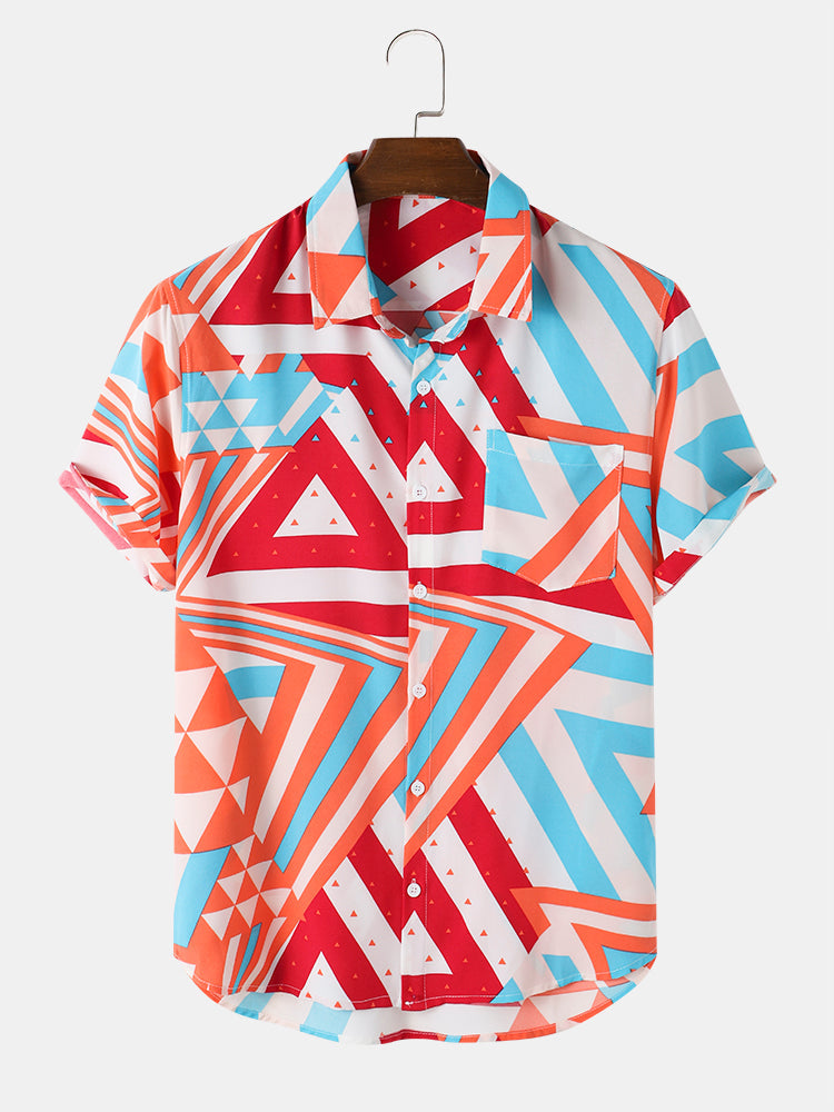 Mens Triangle All Over Print Lapel Street Short Sleeve Shirts