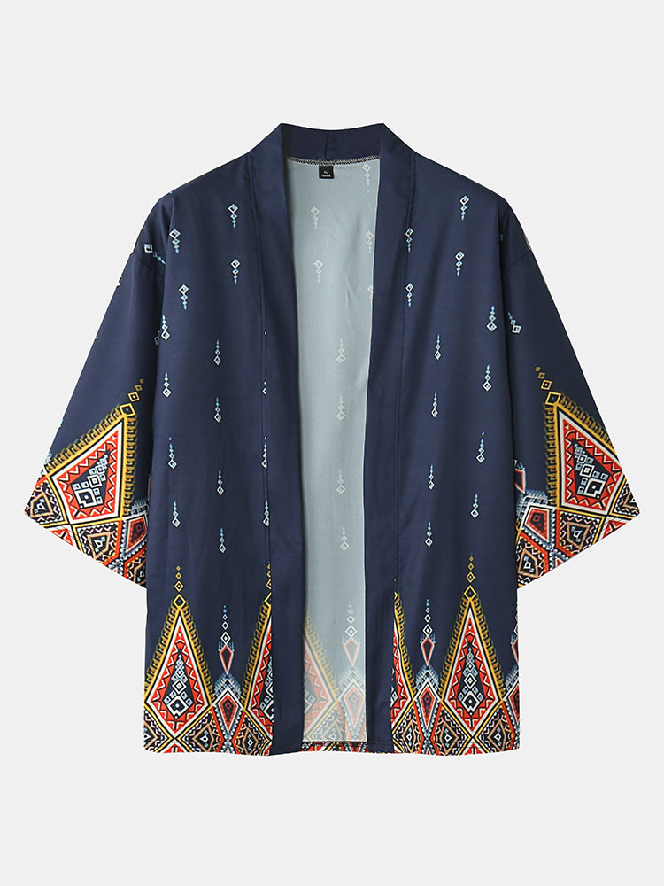 Mens Ethnic Style Geo Print Open Front Kimono Cropped Two Pieces Outfits