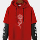 Mens Rose Japanese Sleeve Print 2 In 1 Casual Drawstring Hoodies