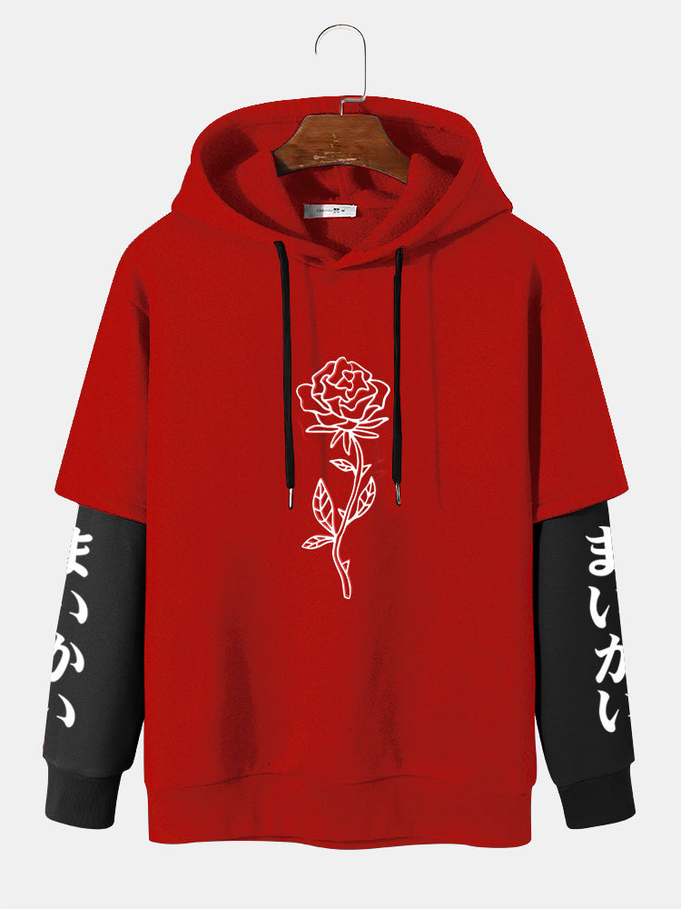 Mens Rose Japanese Sleeve Print 2 In 1 Casual Drawstring Hoodies