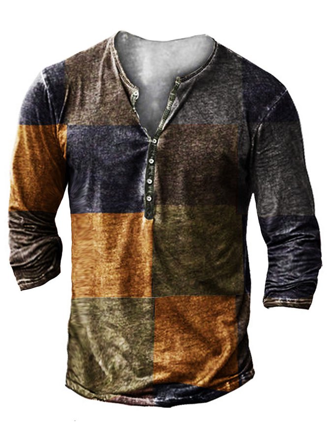 Men's Vintage Casual Henley Collar Long Sleeve T-Shirt 1 XXL