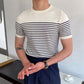 Men&#039;s Striped Round Neck Short Sleeve Knit T-shirt White L