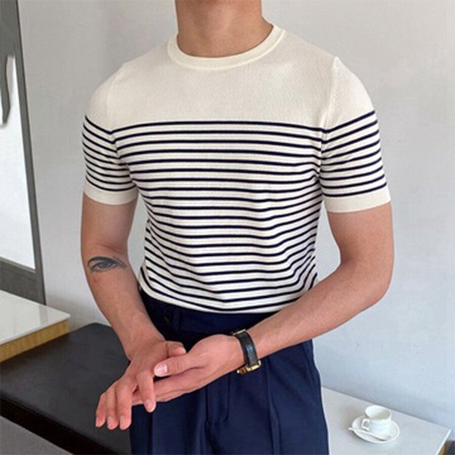 Men&#039;s Striped Round Neck Short Sleeve Knit T-shirt White L