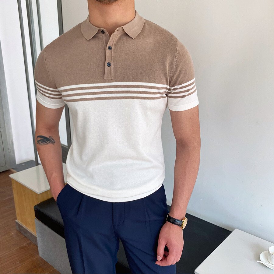 Men&#039;s Casual Striped Colorblock Short Sleeve Knit T-Shirt Khaki M