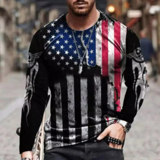 Men's retro round neck star flag eagle skull 3d long sleeve T-shirt