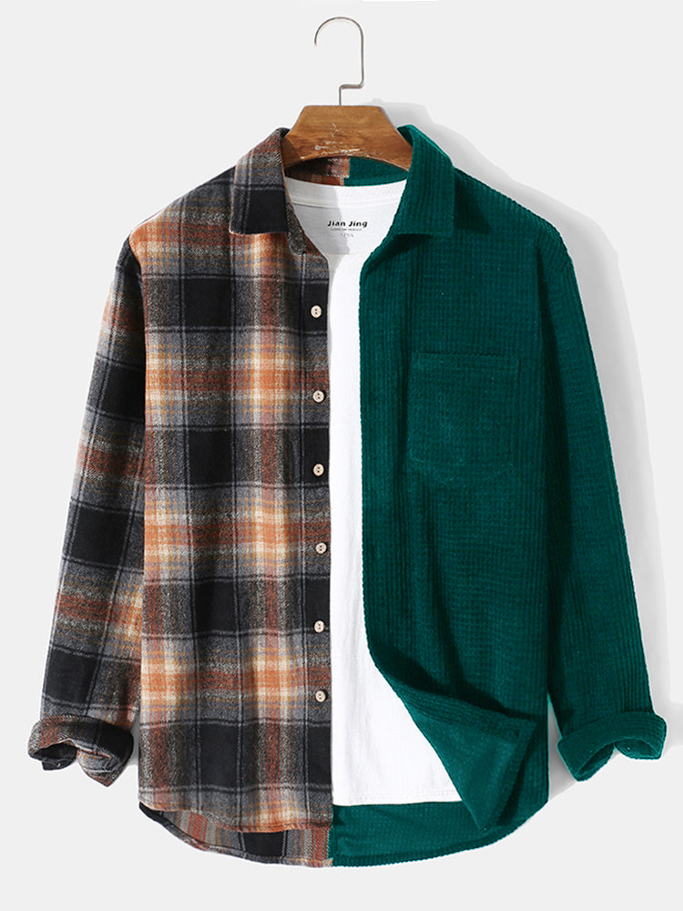 Mens Corduroy Plaid Stitching Button Up Casual Long Sleeve Shirts