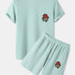 Mens Rose Embroidery Patched Knitted Short Sleeve T-Shirt & Shorts Casual Co-ords