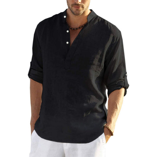 Men's casual cotton and linen solid long-sleeved shirt