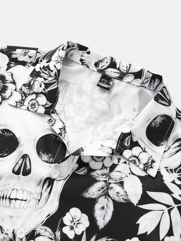 Mens All Over Skull Floral Print Lapel Short Sleeve Halloween Shirts