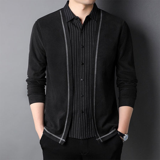 Men&#039;s Casual Knitted =Cardigan Fake Two-Piece Top Black M