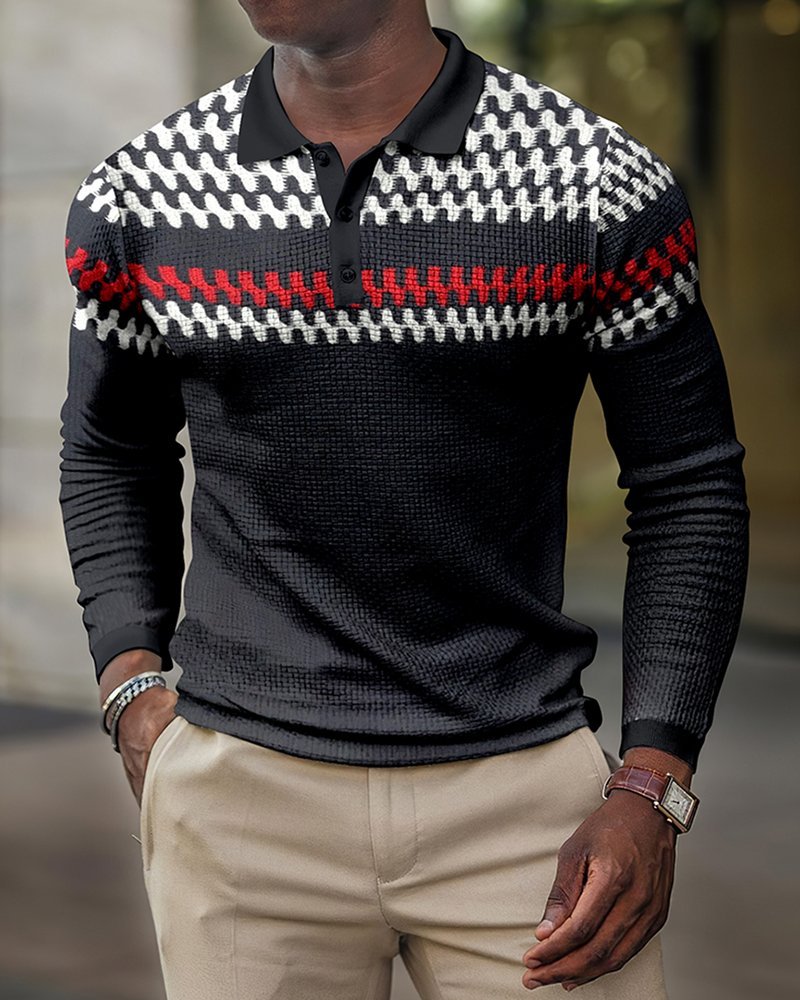 Long sleeve Men's casual geometric pattern retro polo shirt