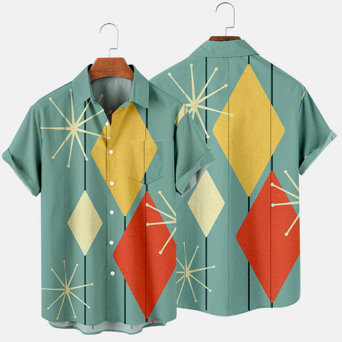 Hawaiian Retro Geometric Abstract Elements Men's Casual Short-sleeved Shirt Green L