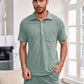 Mens Waffle Solid Color Half Open Collar Drawstring Short Sleeve Shirts&Shorts Loungewear SKUH44593