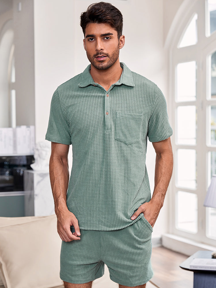 Mens Waffle Solid Color Half Open Collar Drawstring Short Sleeve Shirts&Shorts Loungewear SKUH44593