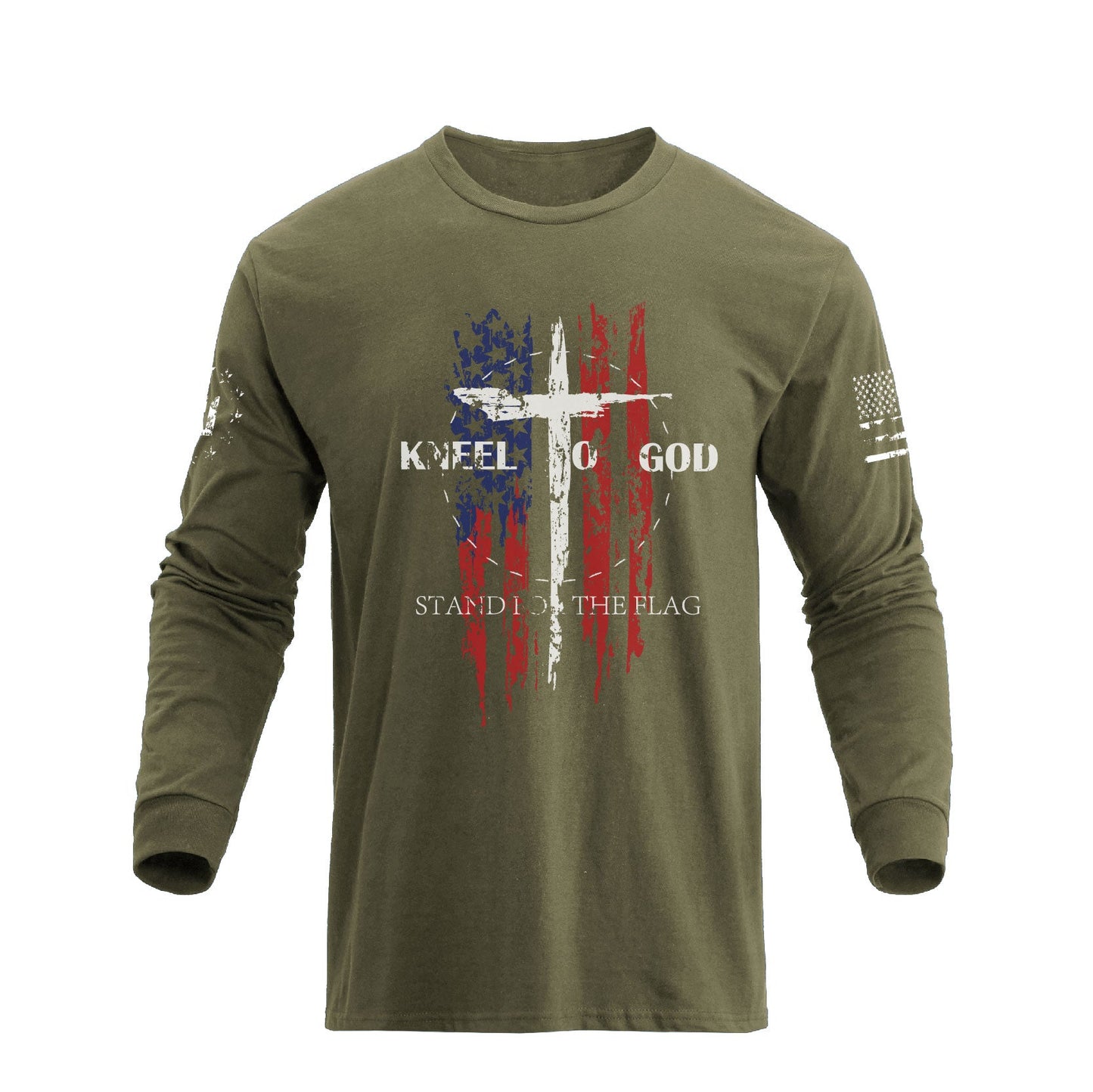 Men's 100% Cotton American Flag with Cross Graphic Round Neck Long Sleeve T-Shirts