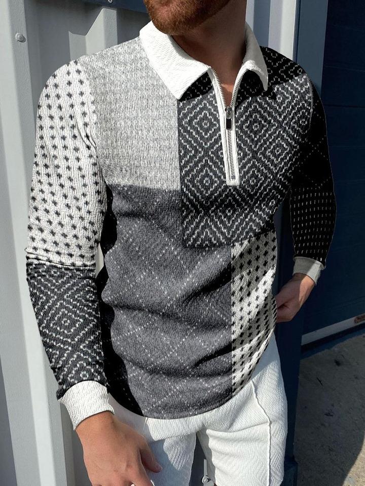 Men's casual retro geometric long-sleeved polo shirt