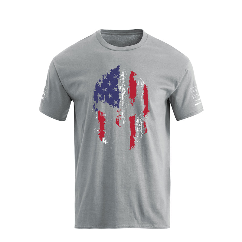 Men's Spartan Helmet American Flag Overlay Graphic Short Sleeve T-Shirt