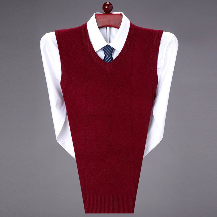 Men&#039;s Casual V-Neck Waistcoat Sweater Knit Sweater Red M