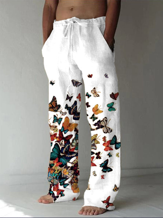 Men's butterfly casual cotton and linen trousers