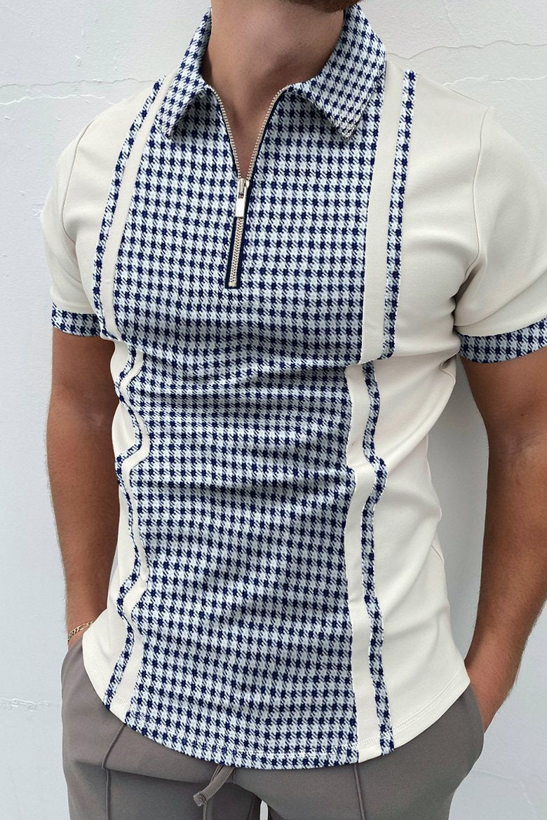 Houndstooth contrast short-sleeved polo shirt